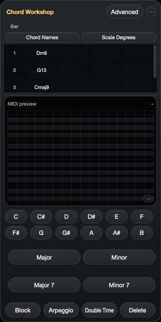 Chord Workshop with a progression, MIDI grid and chord voicing controls