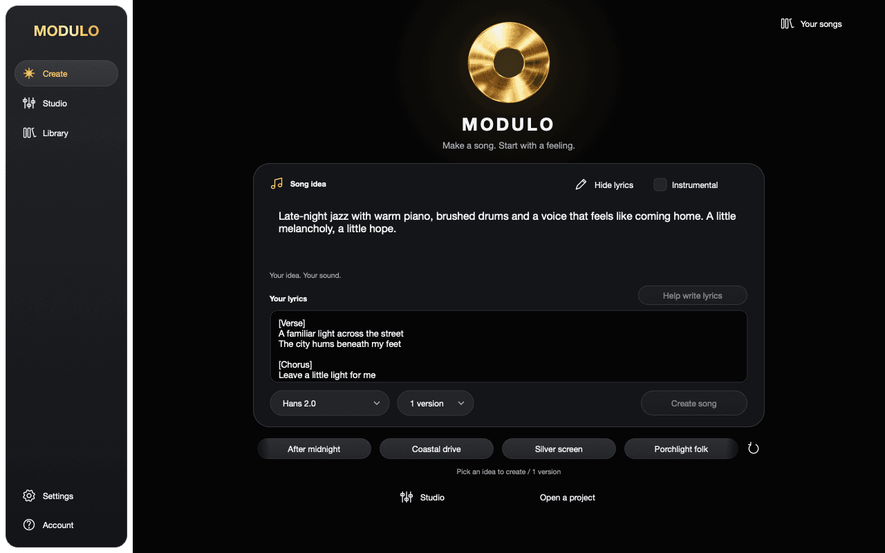 MODULO’s song idea and lyrics composer, from the Mac development build