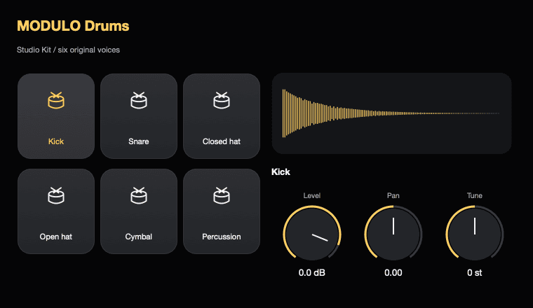 MODULO Drums with six drum pads, a waveform, and gold level, pan and tuning controls