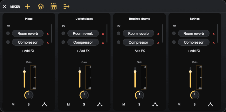 Four MODULO mixer channels with gold faders, pan controls and effects